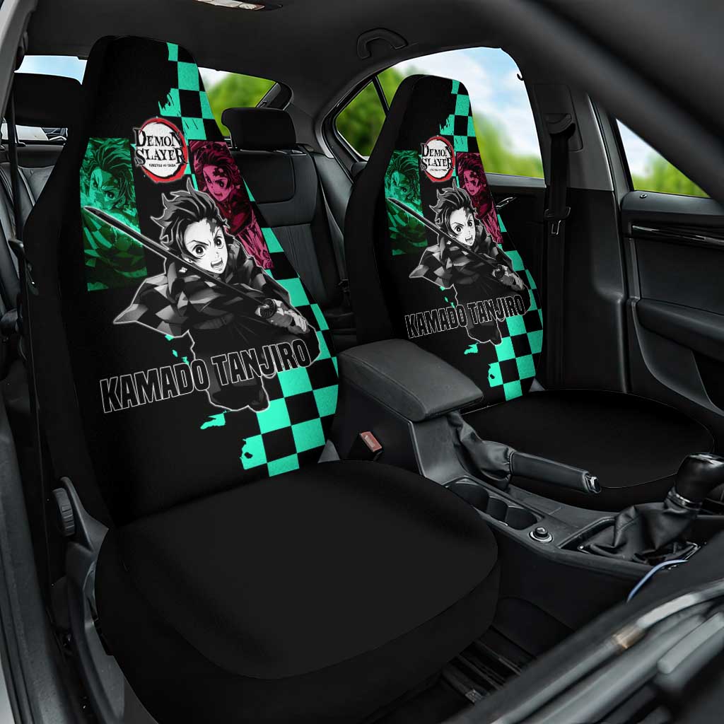 Tanjiro Kamado from Demon Slayer Car Seat Cover with Green Black Checkered Pattern and Water Breathing Sword Pose Design - The Mazicc