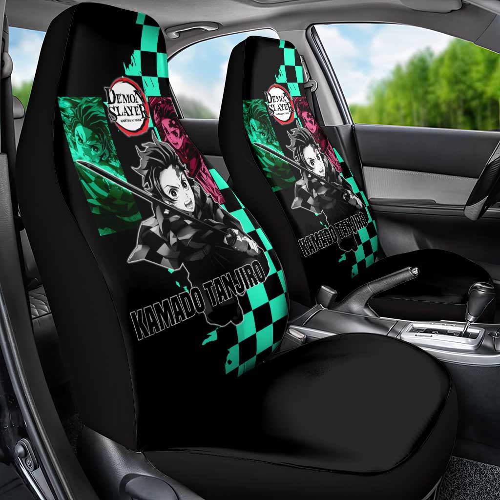 Tanjiro Kamado from Demon Slayer Car Seat Cover with Green Black Checkered Pattern and Water Breathing Sword Pose Design - The Mazicc