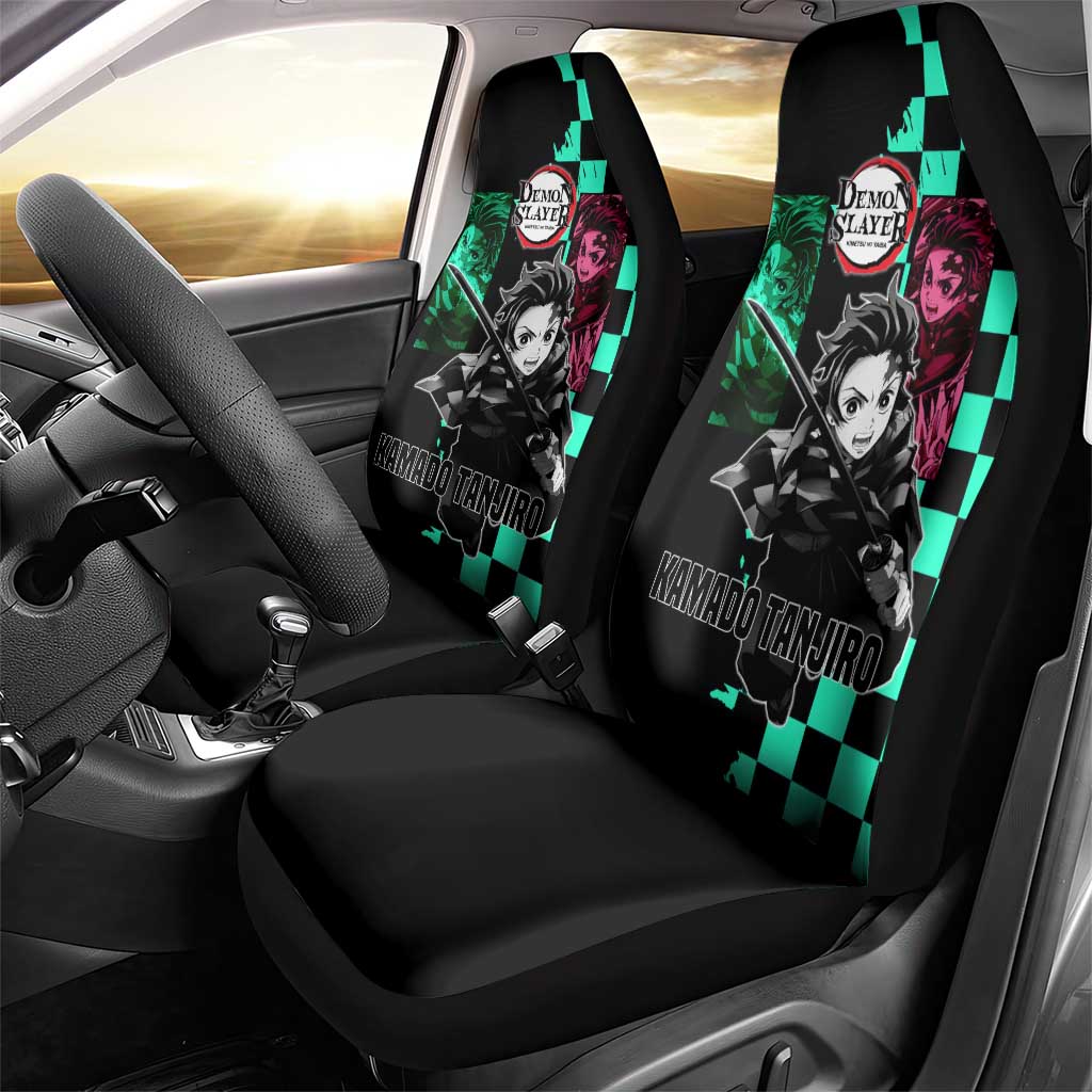 Tanjiro Kamado from Demon Slayer Car Seat Cover with Green Black Checkered Pattern and Water Breathing Sword Pose Design - The Mazicc