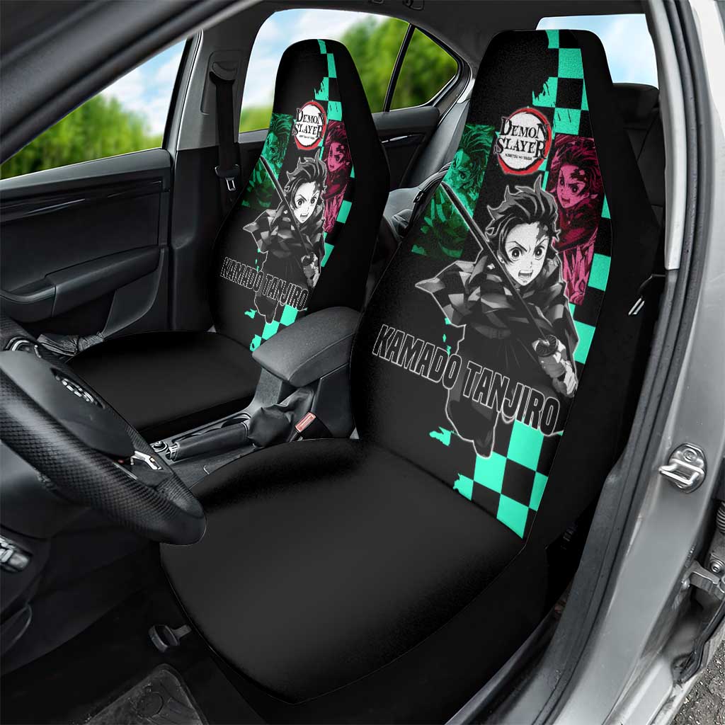Tanjiro Kamado from Demon Slayer Car Seat Cover with Green Black Checkered Pattern and Water Breathing Sword Pose Design - The Mazicc