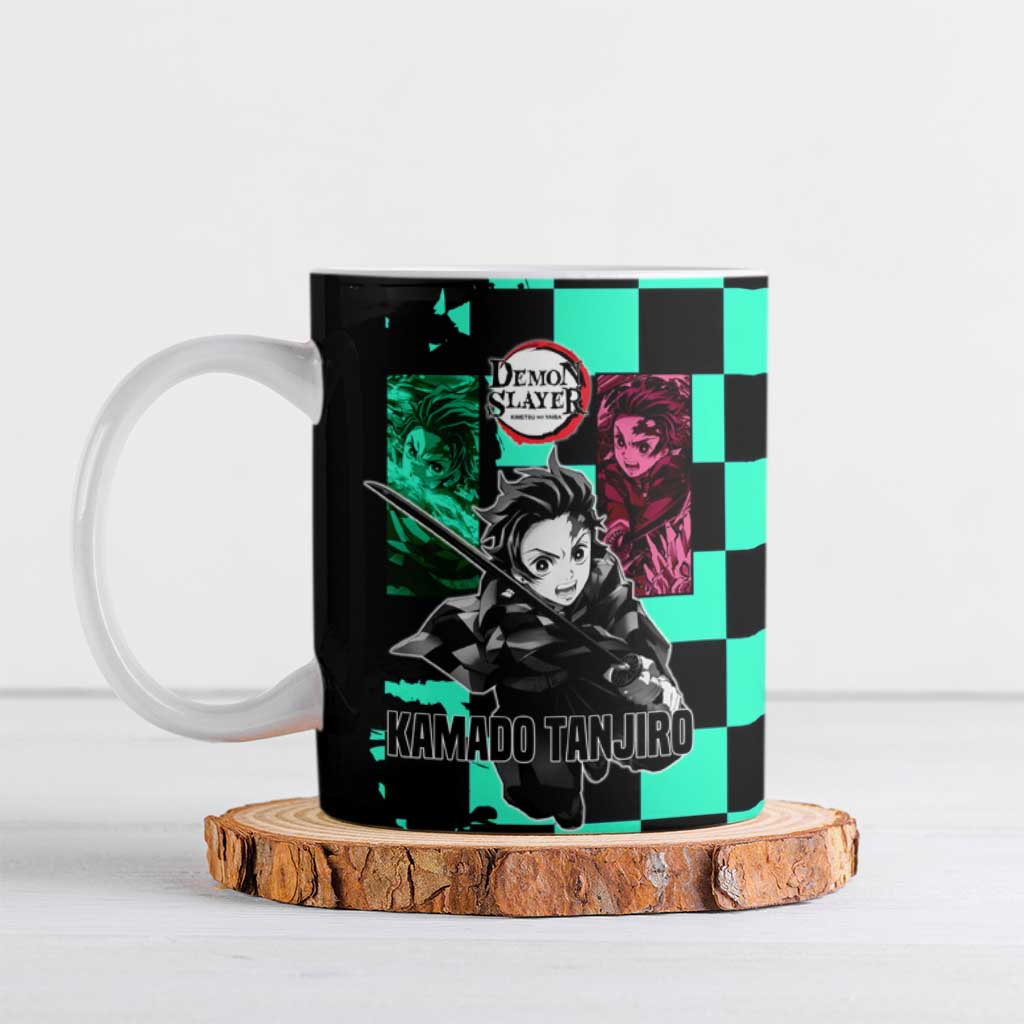 Tanjiro Kamado from Demon Slayer Ceramic Mug with Green Black Checkered Pattern and Water Breathing Sword Pose Design - The Mazicc