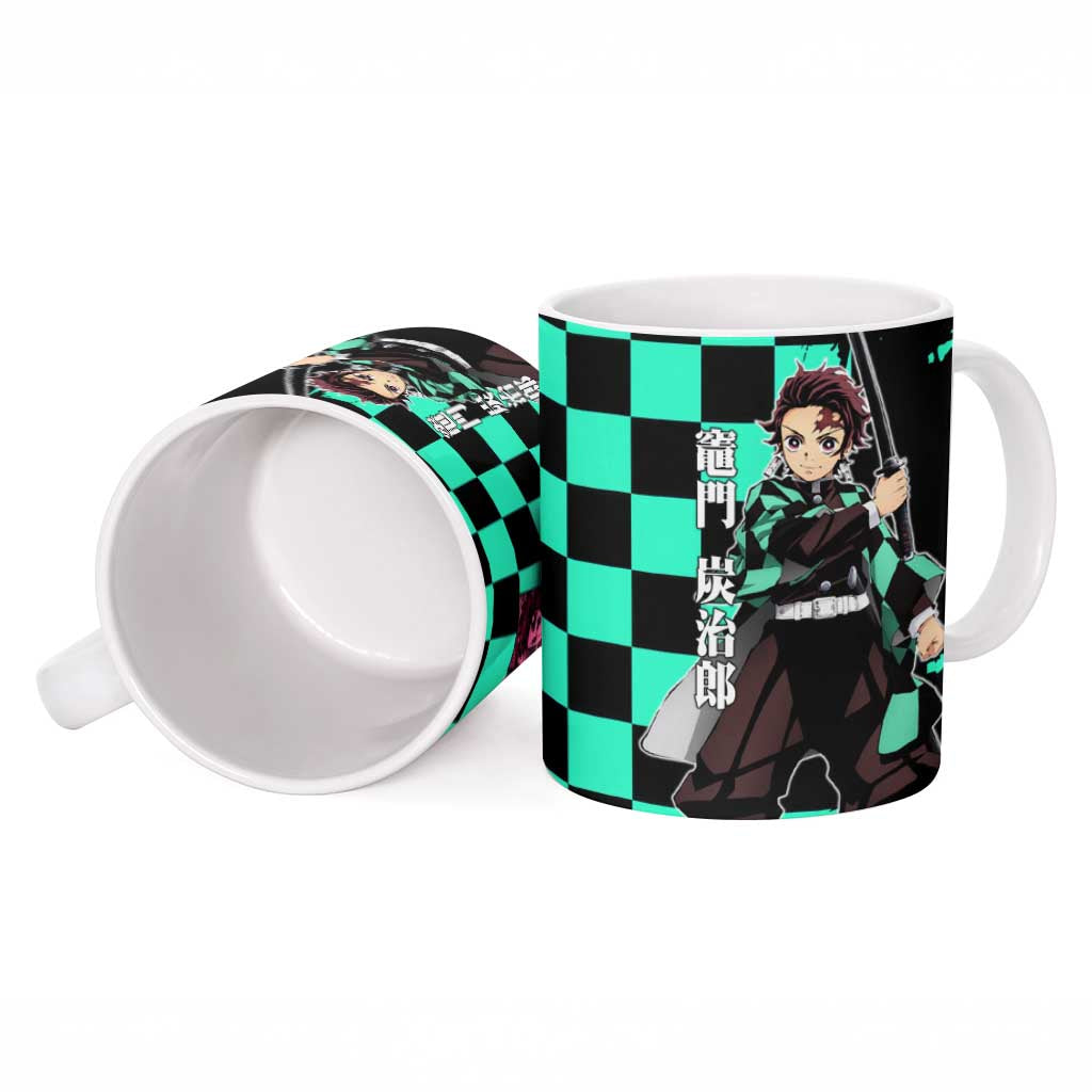 Tanjiro Kamado from Demon Slayer Ceramic Mug with Green Black Checkered Pattern and Water Breathing Sword Pose Design - The Mazicc