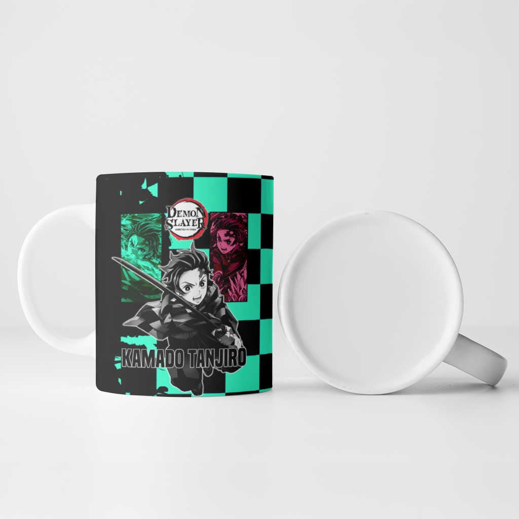 Tanjiro Kamado from Demon Slayer Ceramic Mug with Green Black Checkered Pattern and Water Breathing Sword Pose Design - The Mazicc