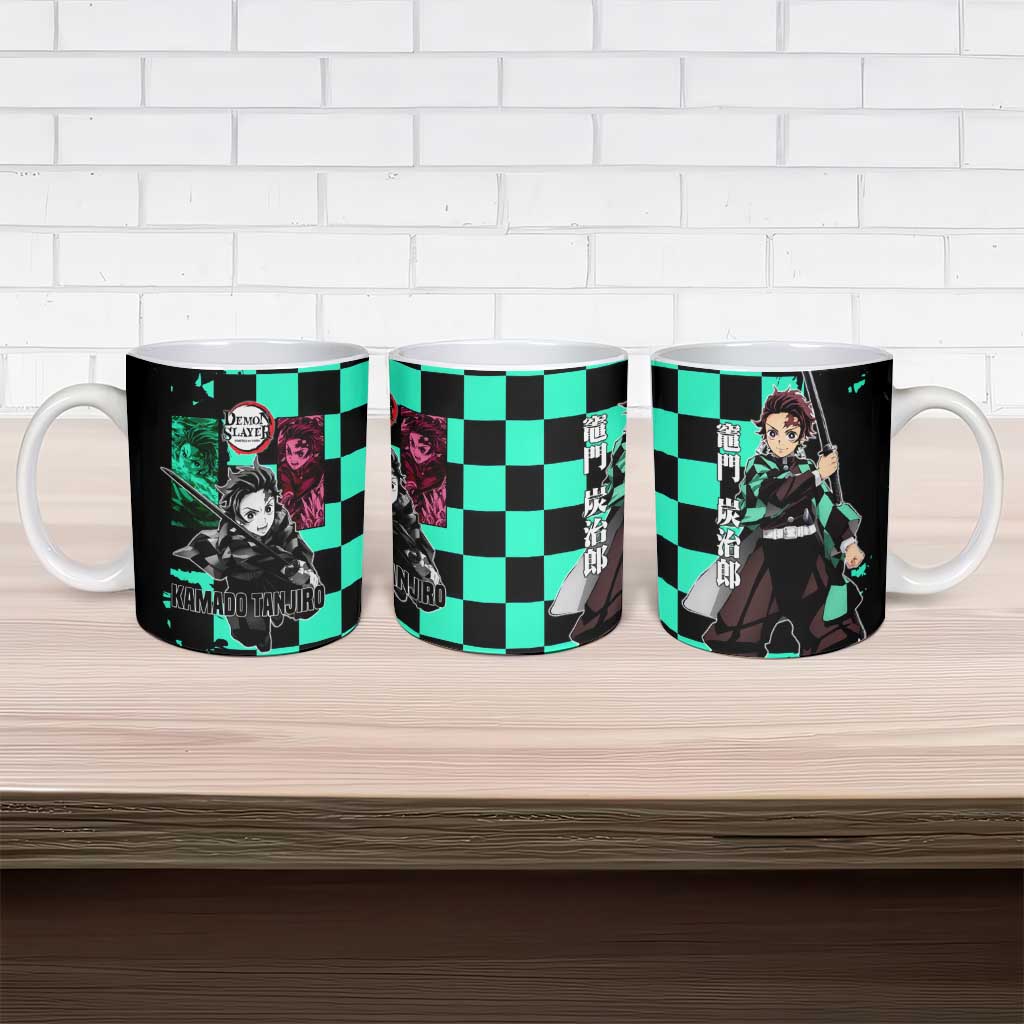 Tanjiro Kamado from Demon Slayer Ceramic Mug with Green Black Checkered Pattern and Water Breathing Sword Pose Design - The Mazicc