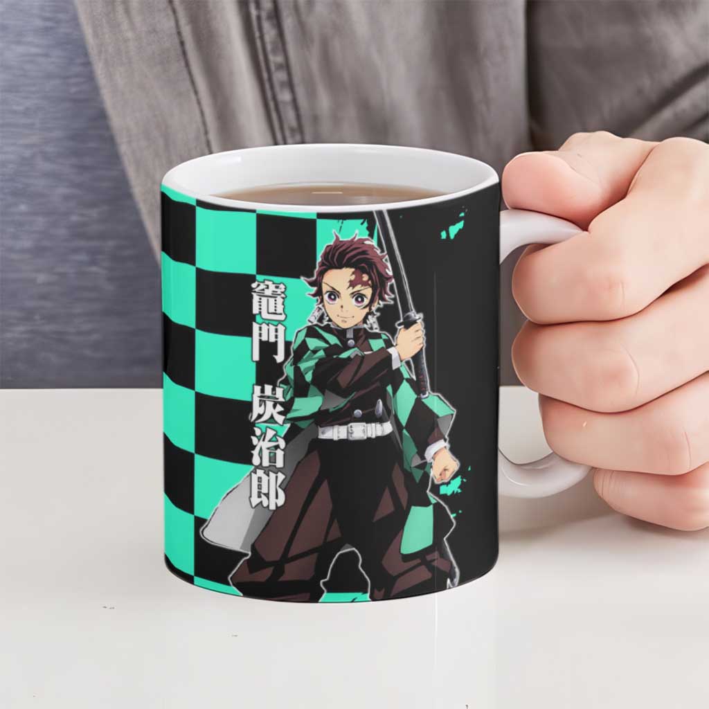 Tanjiro Kamado from Demon Slayer Ceramic Mug with Green Black Checkered Pattern and Water Breathing Sword Pose Design - The Mazicc