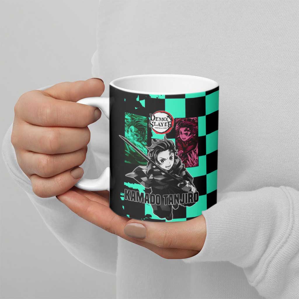 Tanjiro Kamado from Demon Slayer Ceramic Mug with Green Black Checkered Pattern and Water Breathing Sword Pose Design - The Mazicc
