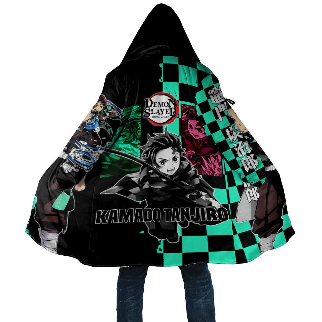 Tanjiro Kamado from Demon Slayer Cloak with Green Black Checkered Pattern and Water Breathing Sword Pose Design - The Mazicc