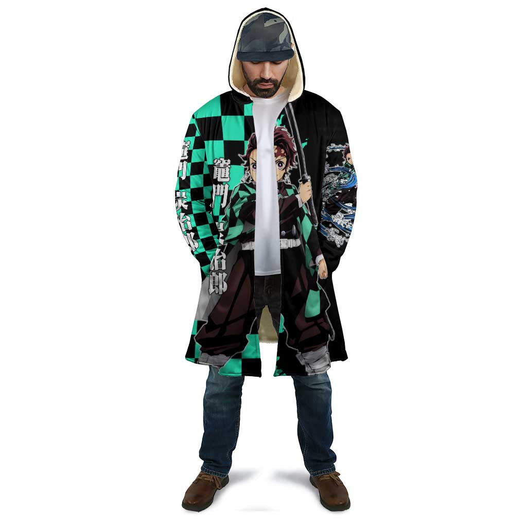 Tanjiro Kamado from Demon Slayer Cloak with Green Black Checkered Pattern and Water Breathing Sword Pose Design - The Mazicc