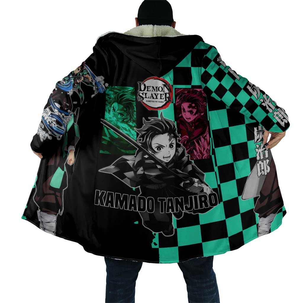 Tanjiro Kamado from Demon Slayer Cloak with Green Black Checkered Pattern and Water Breathing Sword Pose Design - The Mazicc
