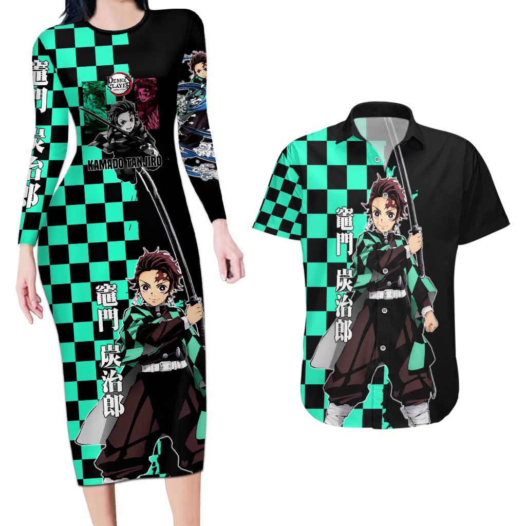 Tanjiro Kamado from Demon Slayer Couples Matching Long Sleeve Bodycon Dress and Hawaiian Shirt with Green Black Checkered Pattern and Water Breathing Sword Pose Design - The Mazicc