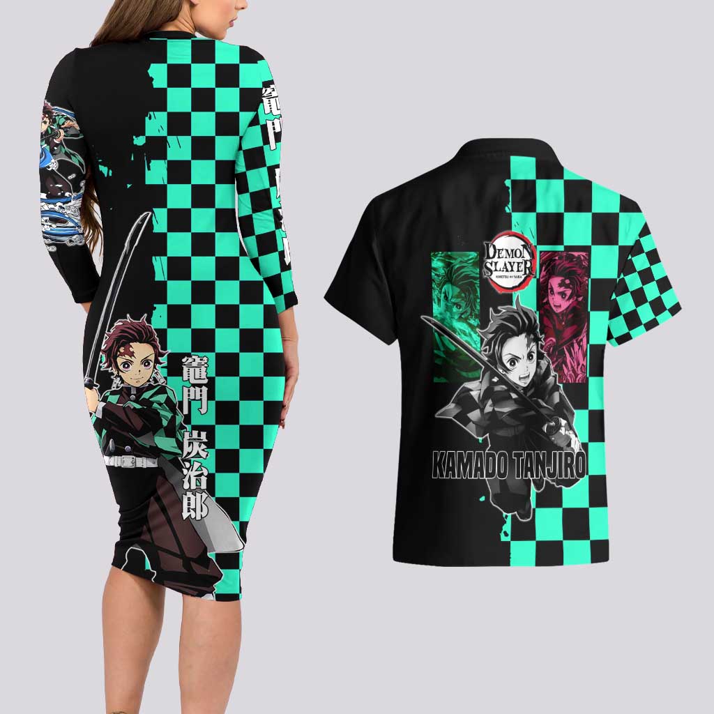 Tanjiro Kamado from Demon Slayer Couples Matching Long Sleeve Bodycon Dress and Hawaiian Shirt with Green Black Checkered Pattern and Water Breathing Sword Pose Design - The Mazicc