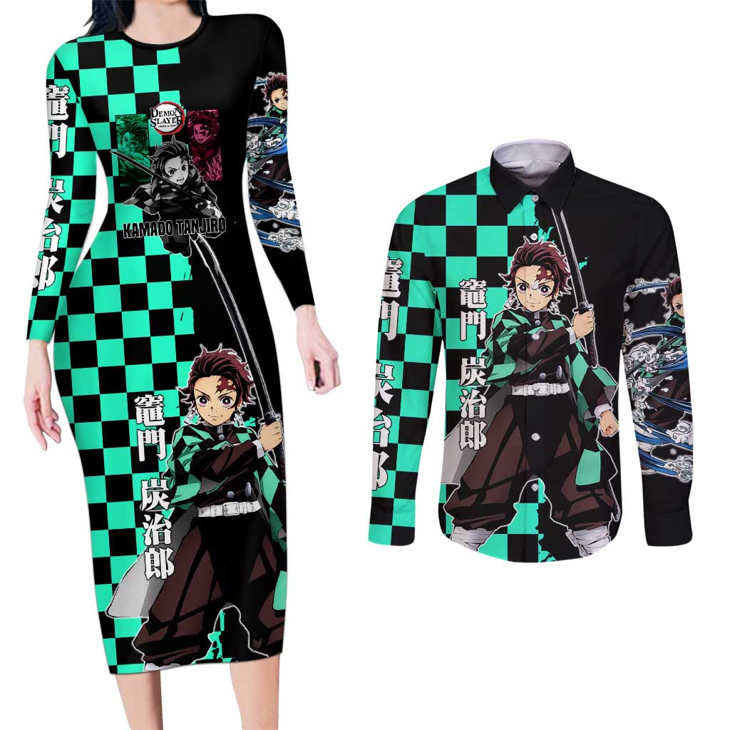 Tanjiro Kamado from Demon Slayer Couples Matching Long Sleeve Bodycon Dress and Long Sleeve Button Shirt with Green Black Checkered Pattern and Water Breathing Sword Pose Design - The Mazicc
