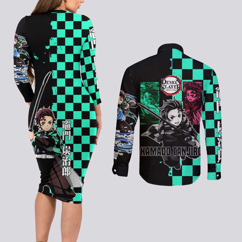 Tanjiro Kamado from Demon Slayer Couples Matching Long Sleeve Bodycon Dress and Long Sleeve Button Shirt with Green Black Checkered Pattern and Water Breathing Sword Pose Design - The Mazicc
