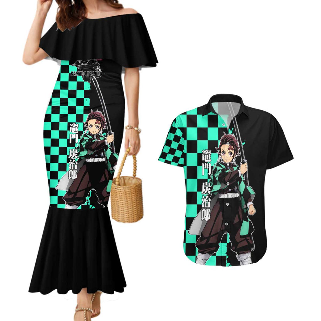 Tanjiro Kamado from Demon Slayer Couples Matching Mermaid Dress and Hawaiian Shirt with Green Black Checkered Pattern and Water Breathing Sword Pose Design - The Mazicc