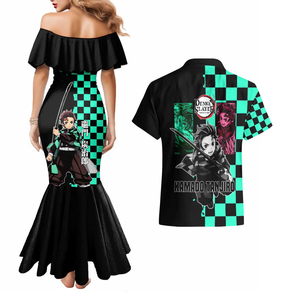 Tanjiro Kamado from Demon Slayer Couples Matching Mermaid Dress and Hawaiian Shirt with Green Black Checkered Pattern and Water Breathing Sword Pose Design - The Mazicc