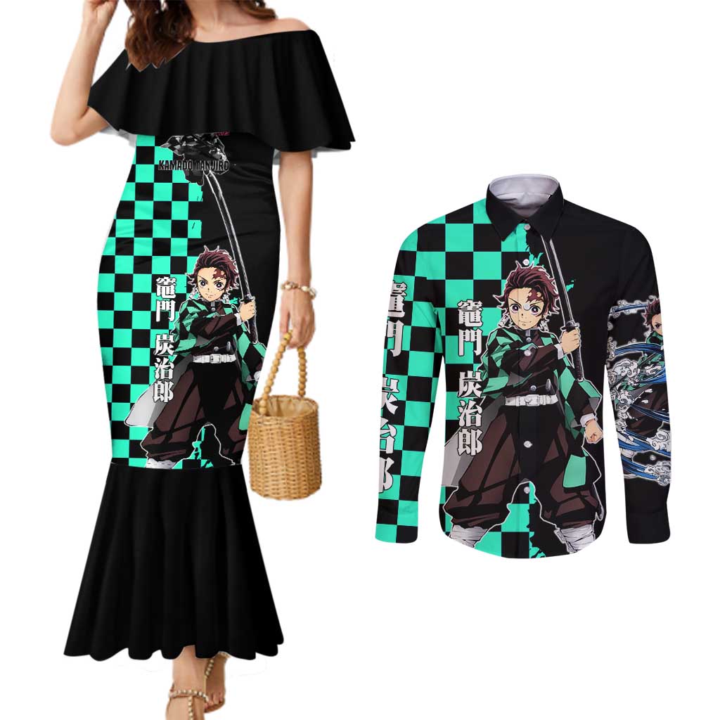 Tanjiro Kamado from Demon Slayer Couples Matching Mermaid Dress and Long Sleeve Button Shirt with Green Black Checkered Pattern and Water Breathing Sword Pose Design - The Mazicc