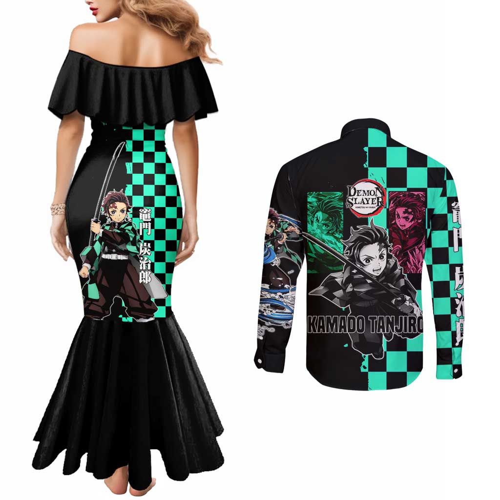 Tanjiro Kamado from Demon Slayer Couples Matching Mermaid Dress and Long Sleeve Button Shirt with Green Black Checkered Pattern and Water Breathing Sword Pose Design - The Mazicc
