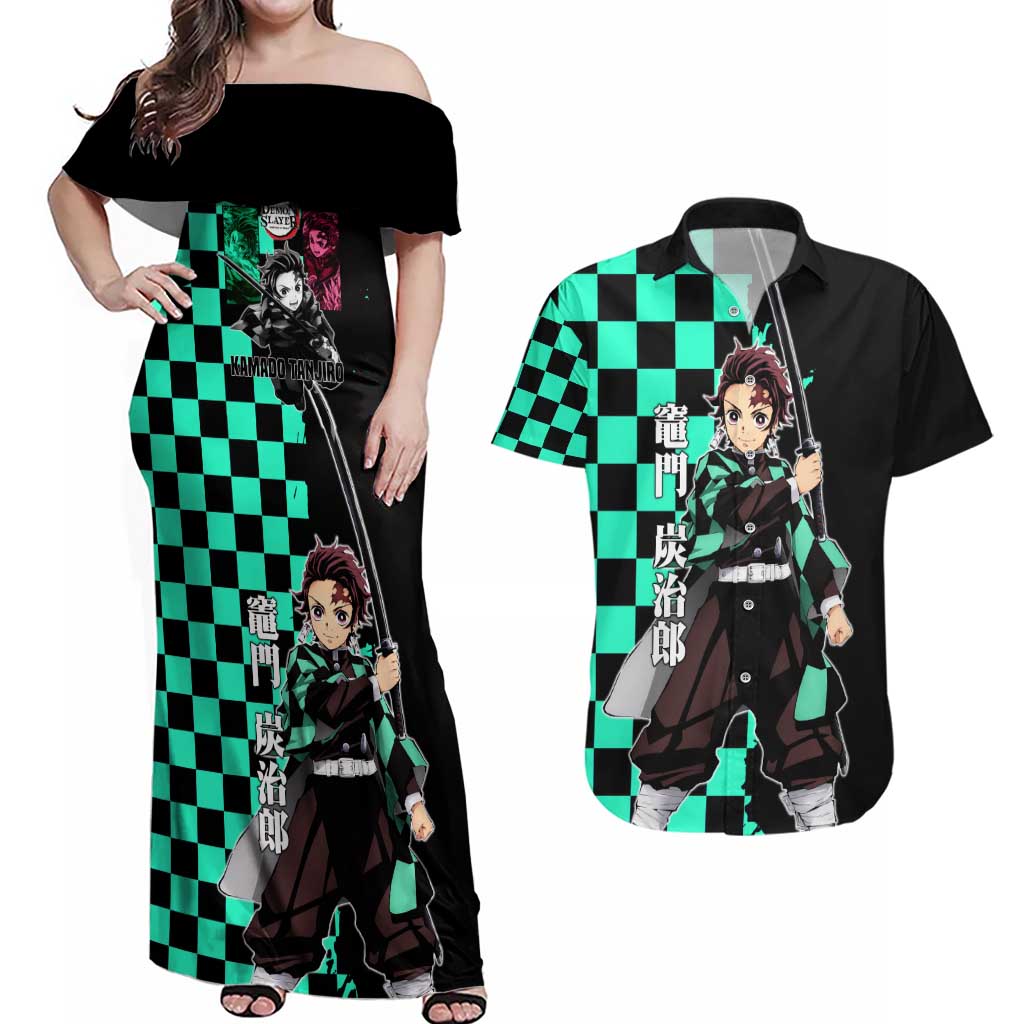 Tanjiro Kamado from Demon Slayer Couples Matching Off Shoulder Maxi Dress and Hawaiian Shirt with Green Black Checkered Pattern and Water Breathing Sword Pose Design - The Mazicc