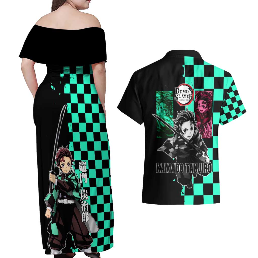 Tanjiro Kamado from Demon Slayer Couples Matching Off Shoulder Maxi Dress and Hawaiian Shirt with Green Black Checkered Pattern and Water Breathing Sword Pose Design - The Mazicc