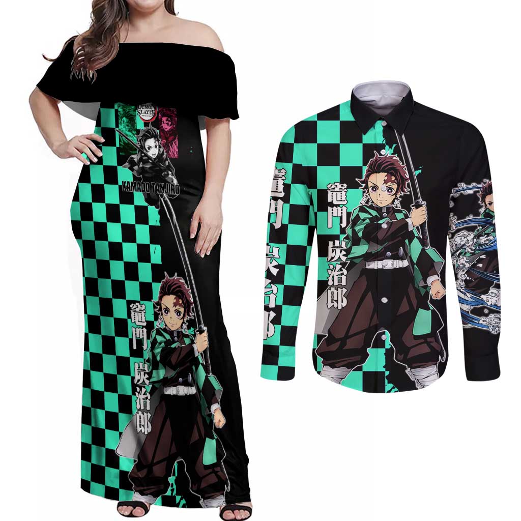 Tanjiro Kamado from Demon Slayer Couples Matching Off Shoulder Maxi Dress and Long Sleeve Button Shirt with Green Black Checkered Pattern and Water Breathing Sword Pose Design - The Mazicc
