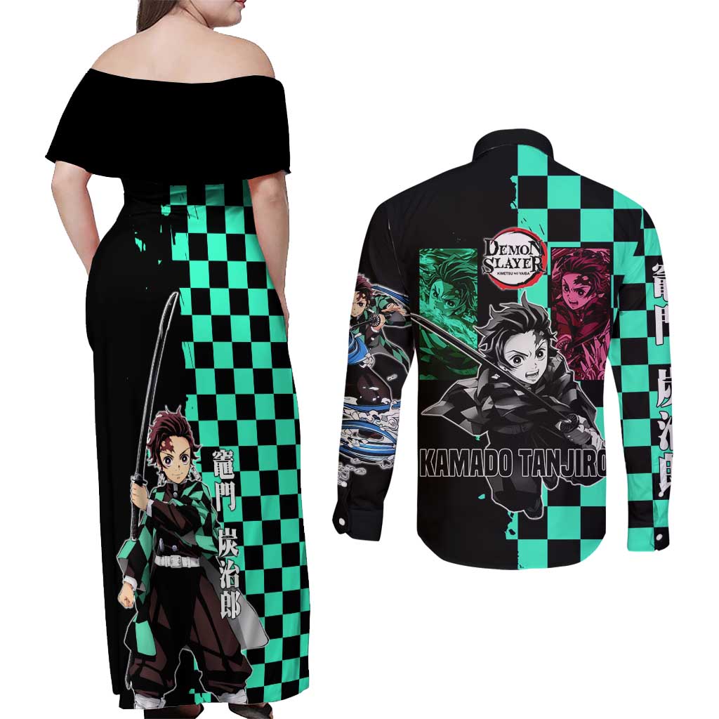 Tanjiro Kamado from Demon Slayer Couples Matching Off Shoulder Maxi Dress and Long Sleeve Button Shirt with Green Black Checkered Pattern and Water Breathing Sword Pose Design - The Mazicc