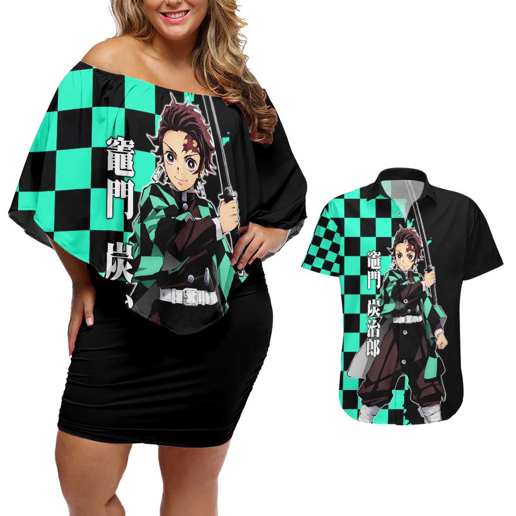 Tanjiro Kamado from Demon Slayer Couples Matching Off Shoulder Short Dress and Hawaiian Shirt with Green Black Checkered Pattern and Water Breathing Sword Pose Design - The Mazicc