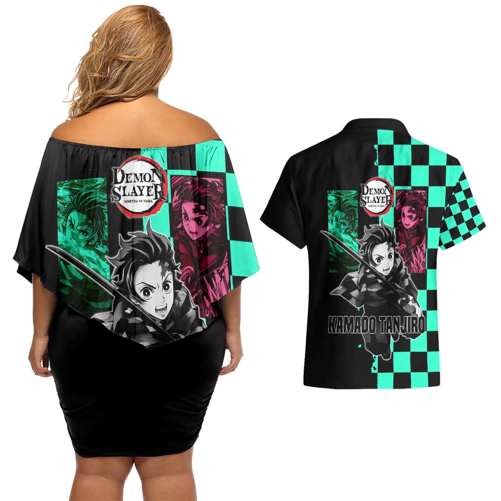 Tanjiro Kamado from Demon Slayer Couples Matching Off Shoulder Short Dress and Hawaiian Shirt with Green Black Checkered Pattern and Water Breathing Sword Pose Design - The Mazicc