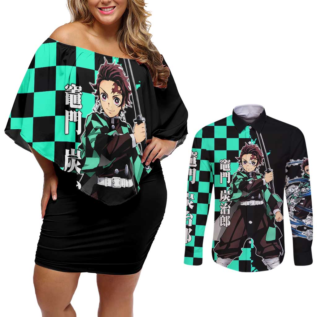 Tanjiro Kamado from Demon Slayer Couples Matching Off Shoulder Short Dress and Long Sleeve Button Shirt with Green Black Checkered Pattern and Water Breathing Sword Pose Design - The Mazicc