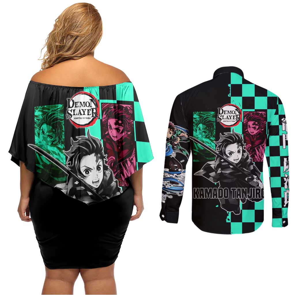 Tanjiro Kamado from Demon Slayer Couples Matching Off Shoulder Short Dress and Long Sleeve Button Shirt with Green Black Checkered Pattern and Water Breathing Sword Pose Design - The Mazicc