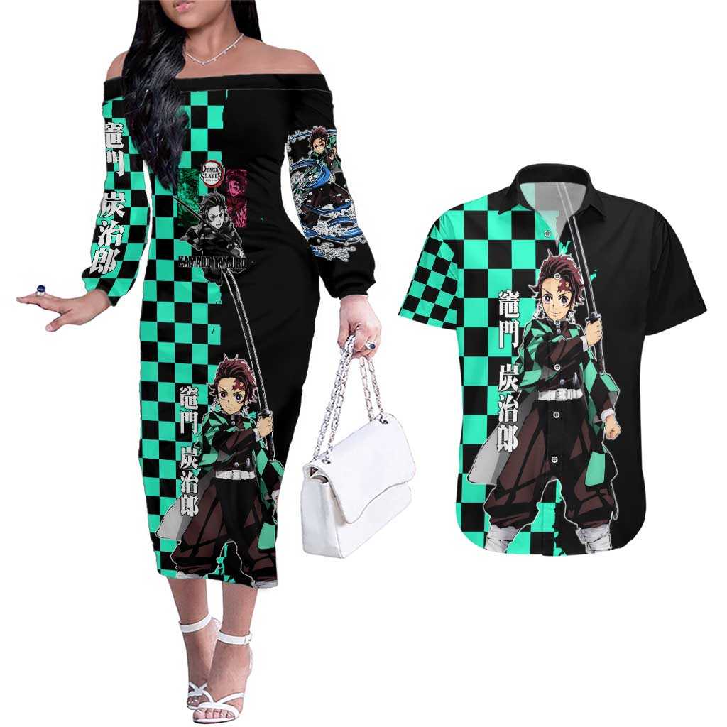 Tanjiro Kamado from Demon Slayer Couples Matching Off The Shoulder Long Sleeve Dress and Hawaiian Shirt with Green Black Checkered Pattern and Water Breathing Sword Pose Design - The Mazicc