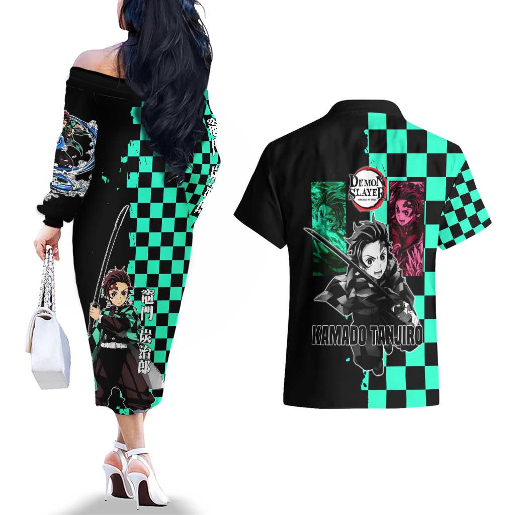 Tanjiro Kamado from Demon Slayer Couples Matching Off The Shoulder Long Sleeve Dress and Hawaiian Shirt with Green Black Checkered Pattern and Water Breathing Sword Pose Design - The Mazicc