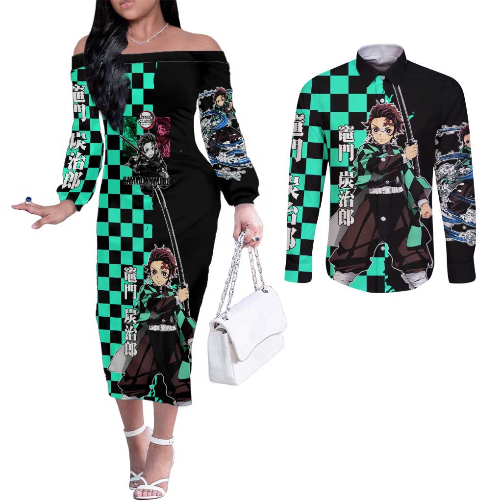 Tanjiro Kamado from Demon Slayer Couples Matching Off The Shoulder Long Sleeve Dress and Long Sleeve Button Shirt with Green Black Checkered Pattern and Water Breathing Sword Pose Design - The Mazicc