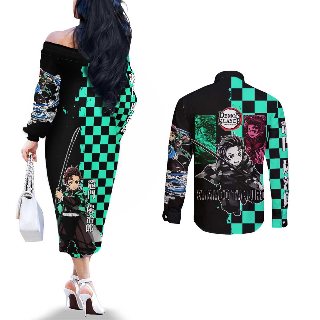 Tanjiro Kamado from Demon Slayer Couples Matching Off The Shoulder Long Sleeve Dress and Long Sleeve Button Shirt with Green Black Checkered Pattern and Water Breathing Sword Pose Design - The Mazicc