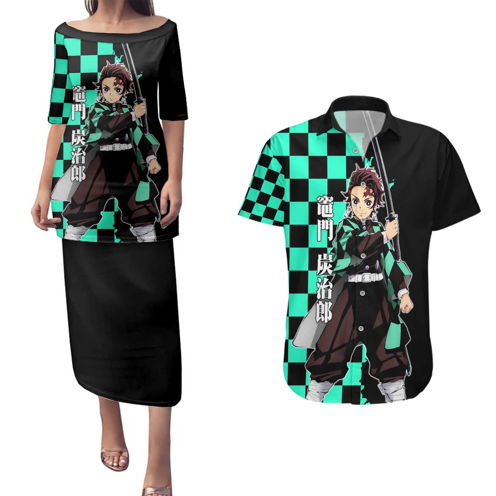 Tanjiro Kamado from Demon Slayer Couples Matching Puletasi and Hawaiian Shirt with Green Black Checkered Pattern and Water Breathing Sword Pose Design - The Mazicc