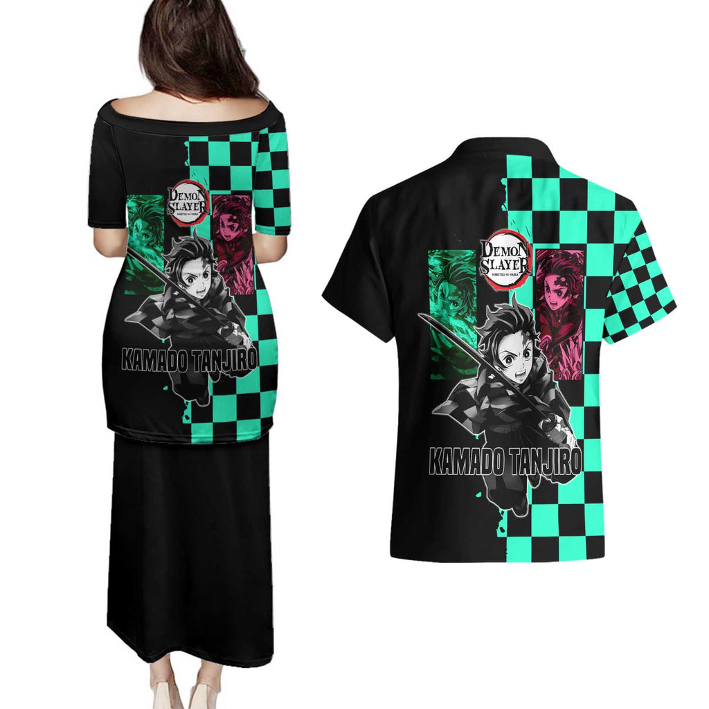 Tanjiro Kamado from Demon Slayer Couples Matching Puletasi and Hawaiian Shirt with Green Black Checkered Pattern and Water Breathing Sword Pose Design - The Mazicc