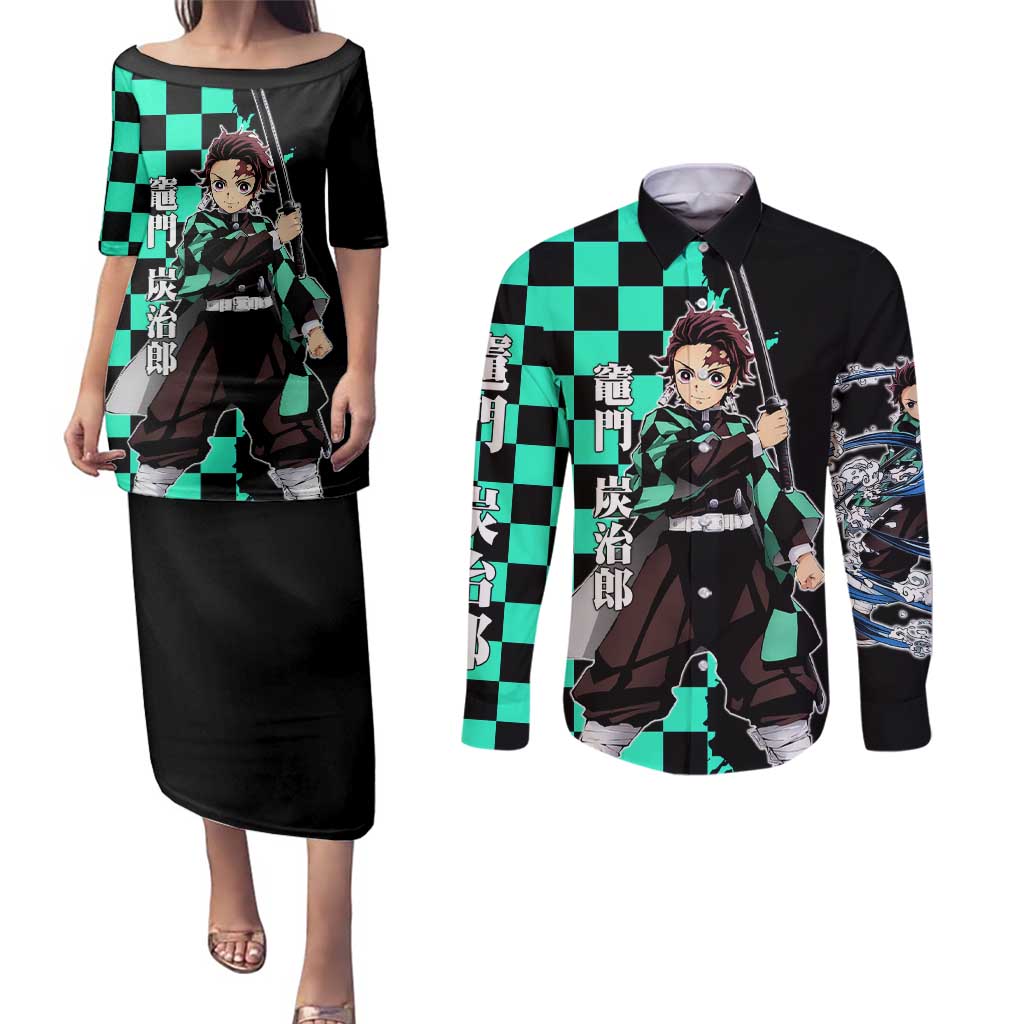 Tanjiro Kamado from Demon Slayer Couples Matching Puletasi and Long Sleeve Button Shirt with Green Black Checkered Pattern and Water Breathing Sword Pose Design - The Mazicc