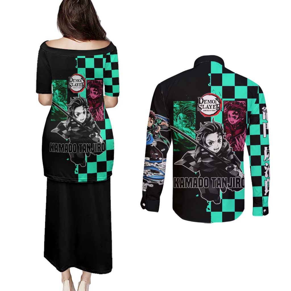 Tanjiro Kamado from Demon Slayer Couples Matching Puletasi and Long Sleeve Button Shirt with Green Black Checkered Pattern and Water Breathing Sword Pose Design - The Mazicc