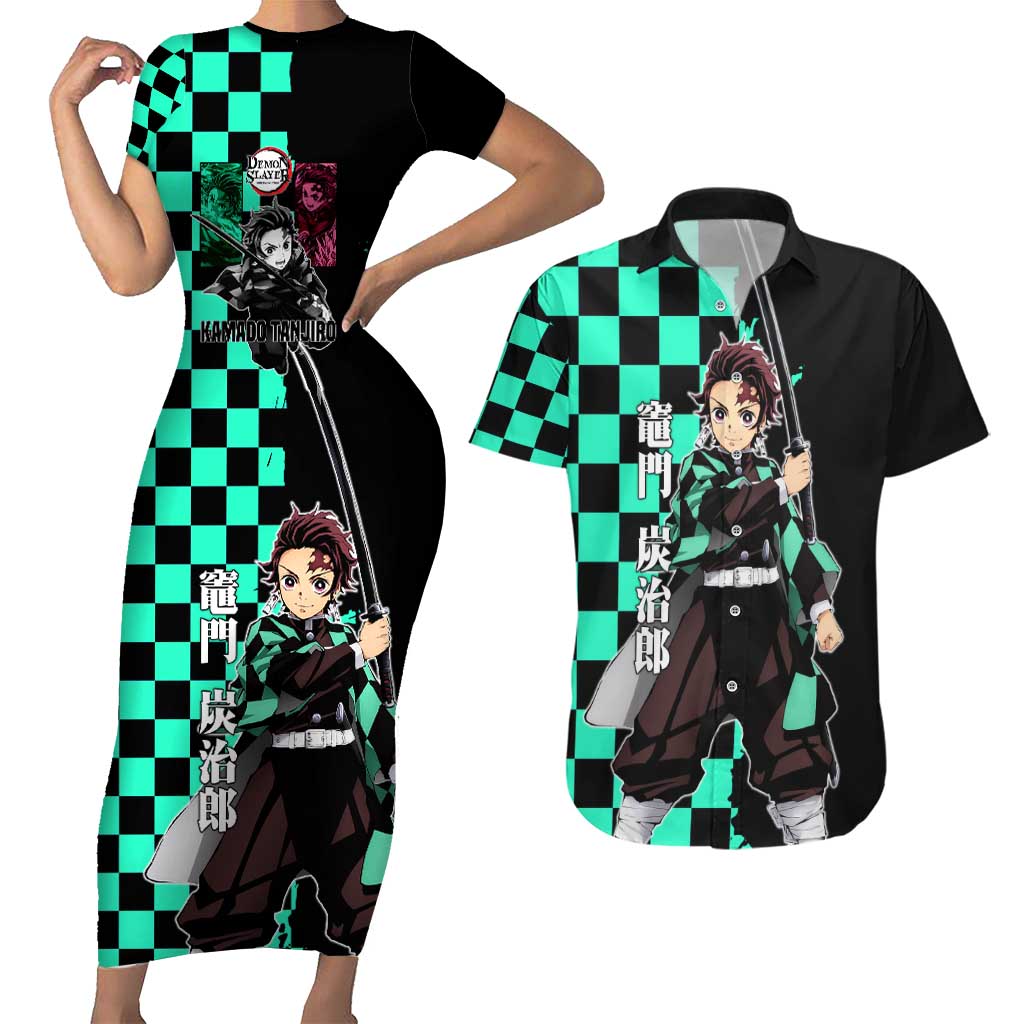 Tanjiro Kamado from Demon Slayer Couples Matching Short Sleeve Bodycon Dress and Hawaiian Shirt with Green Black Checkered Pattern and Water Breathing Sword Pose Design - The Mazicc