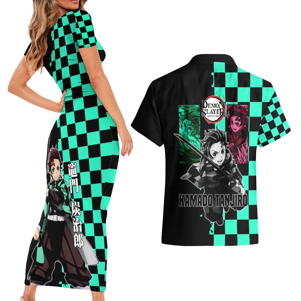 Tanjiro Kamado from Demon Slayer Couples Matching Short Sleeve Bodycon Dress and Hawaiian Shirt with Green Black Checkered Pattern and Water Breathing Sword Pose Design - The Mazicc