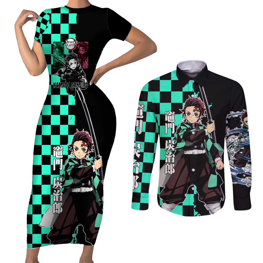 Tanjiro Kamado from Demon Slayer Couples Matching Short Sleeve Bodycon Dress and Long Sleeve Button Shirt with Green Black Checkered Pattern and Water Breathing Sword Pose Design - The Mazicc