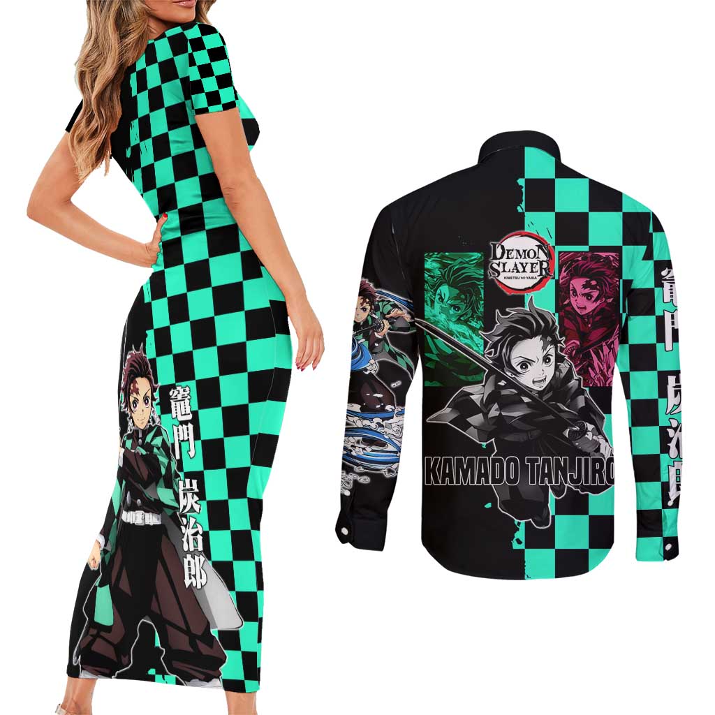Tanjiro Kamado from Demon Slayer Couples Matching Short Sleeve Bodycon Dress and Long Sleeve Button Shirt with Green Black Checkered Pattern and Water Breathing Sword Pose Design - The Mazicc