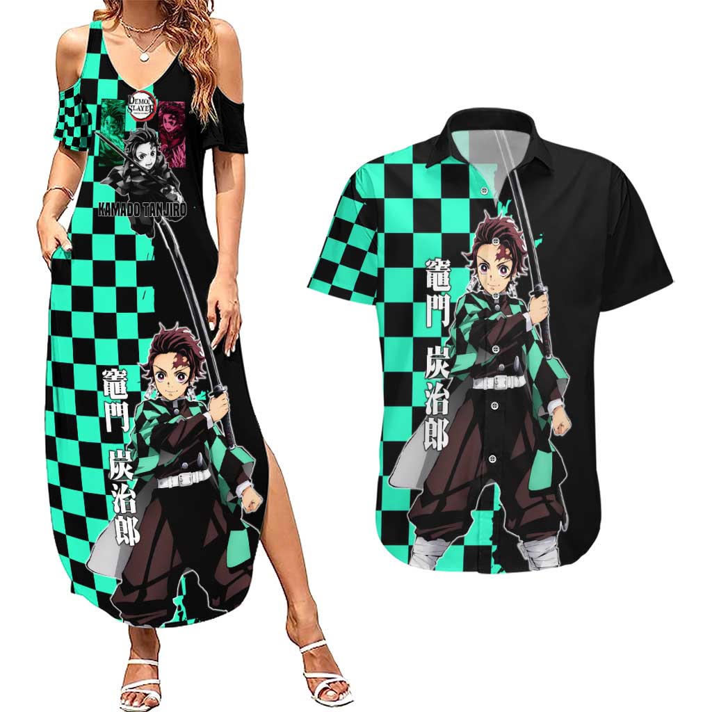 Tanjiro Kamado from Demon Slayer Couples Matching Summer Maxi Dress and Hawaiian Shirt with Green Black Checkered Pattern and Water Breathing Sword Pose Design - The Mazicc