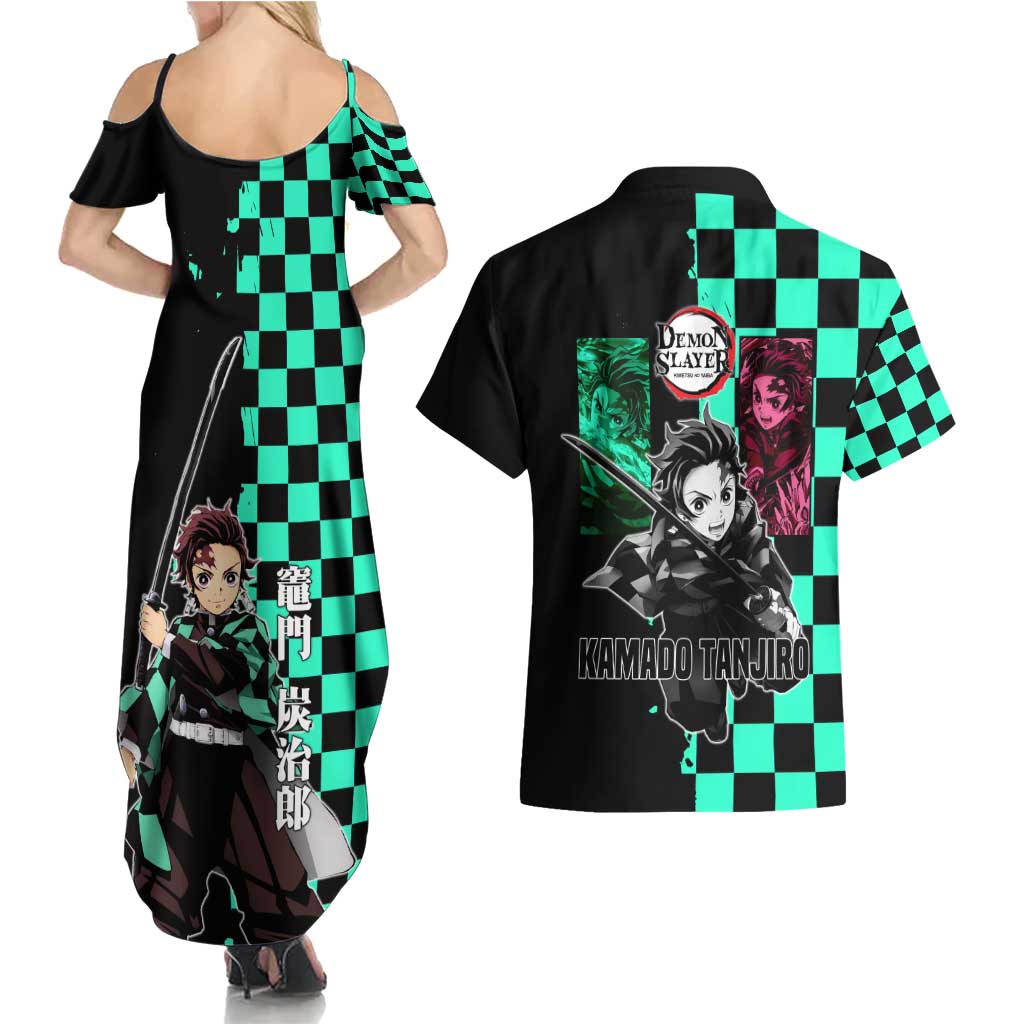 Tanjiro Kamado from Demon Slayer Couples Matching Summer Maxi Dress and Hawaiian Shirt with Green Black Checkered Pattern and Water Breathing Sword Pose Design - The Mazicc