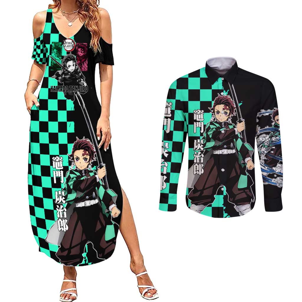 Tanjiro Kamado from Demon Slayer Couples Matching Summer Maxi Dress and Long Sleeve Button Shirt with Green Black Checkered Pattern and Water Breathing Sword Pose Design - The Mazicc