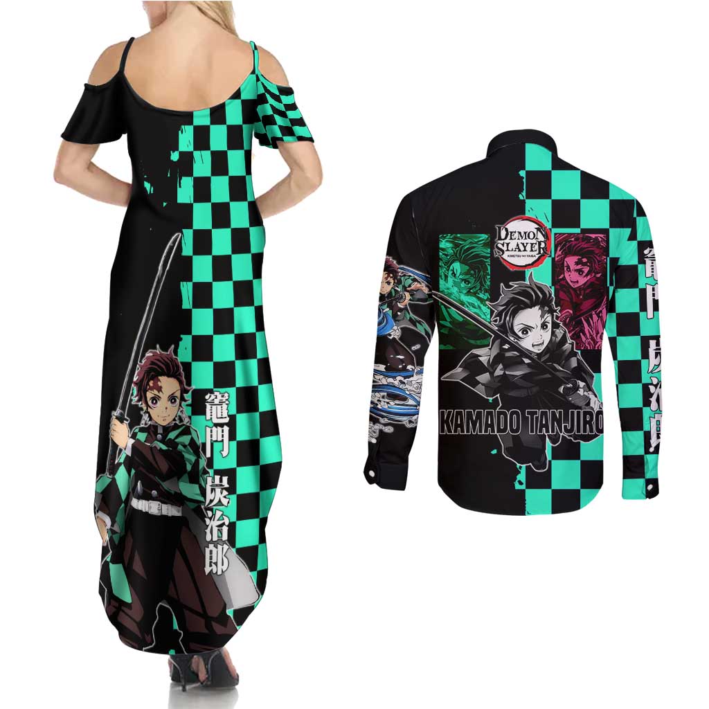 Tanjiro Kamado from Demon Slayer Couples Matching Summer Maxi Dress and Long Sleeve Button Shirt with Green Black Checkered Pattern and Water Breathing Sword Pose Design - The Mazicc