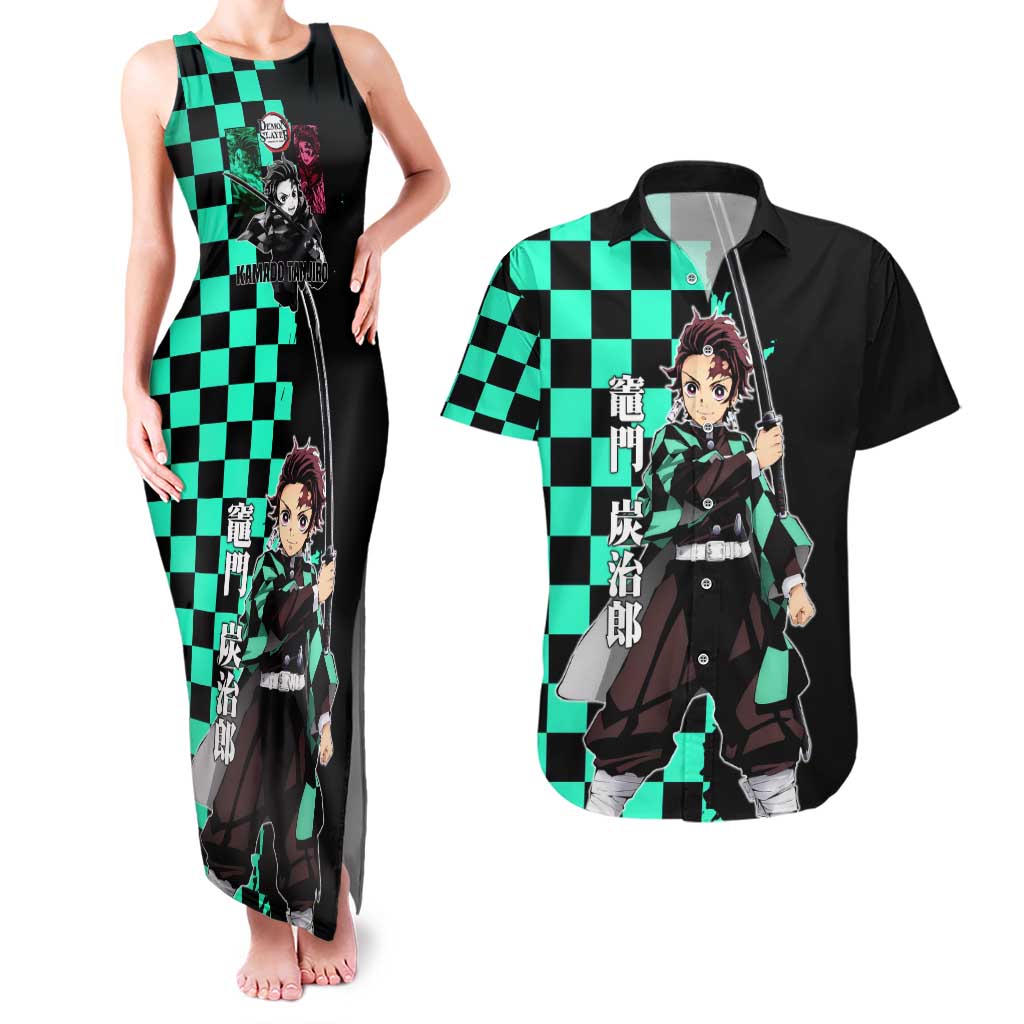 Tanjiro Kamado from Demon Slayer Couples Matching Tank Maxi Dress and Hawaiian Shirt with Green Black Checkered Pattern and Water Breathing Sword Pose Design - The Mazicc