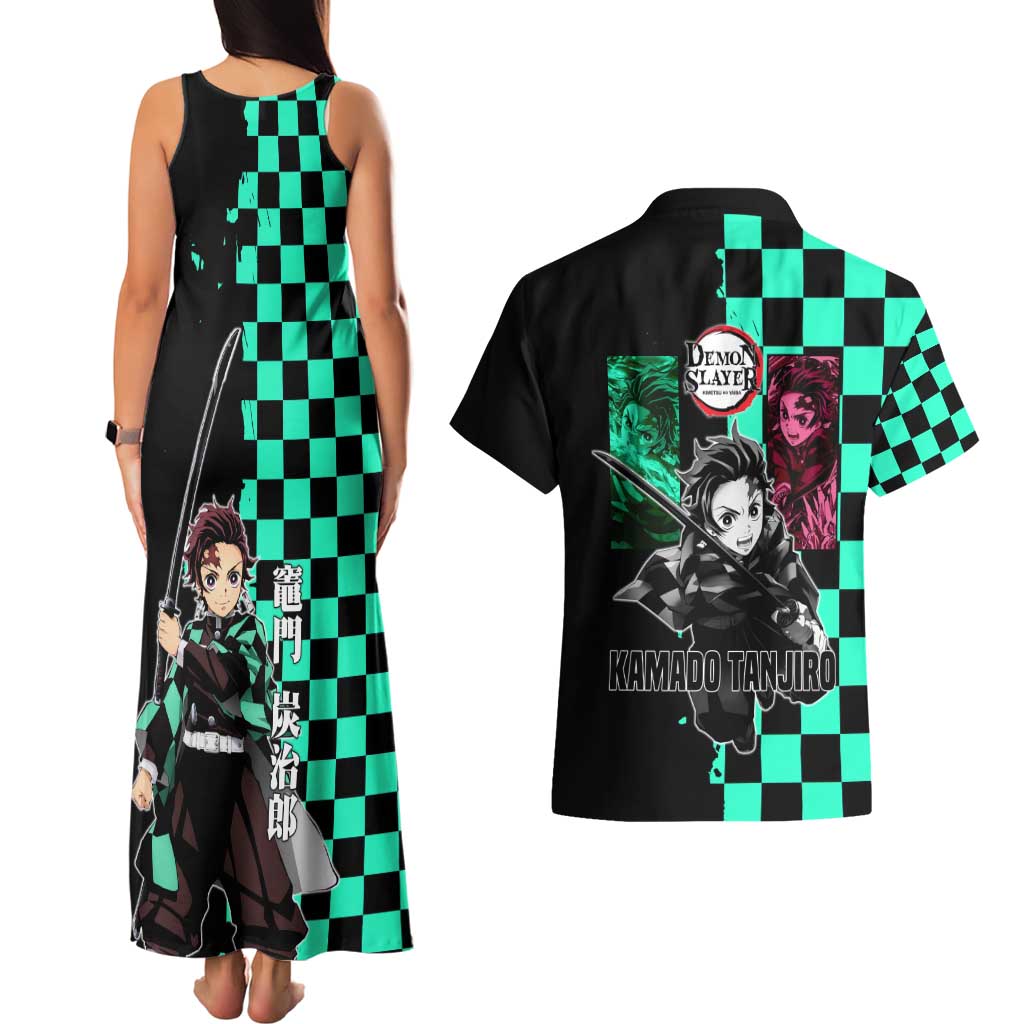 Tanjiro Kamado from Demon Slayer Couples Matching Tank Maxi Dress and Hawaiian Shirt with Green Black Checkered Pattern and Water Breathing Sword Pose Design - The Mazicc