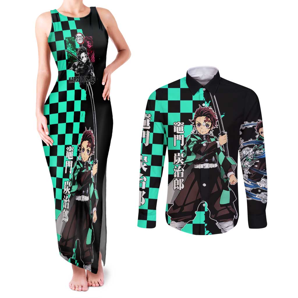 Tanjiro Kamado from Demon Slayer Couples Matching Tank Maxi Dress and Long Sleeve Button Shirt with Green Black Checkered Pattern and Water Breathing Sword Pose Design - The Mazicc