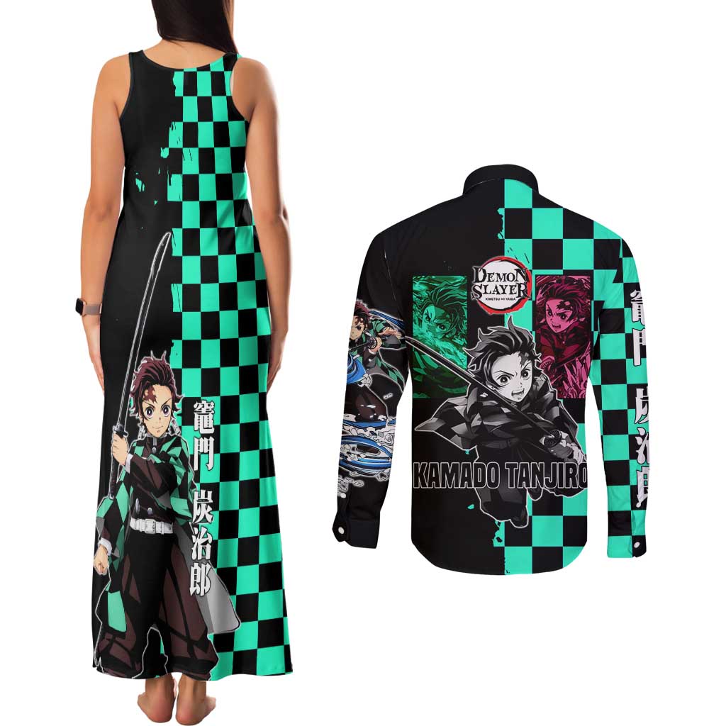 Tanjiro Kamado from Demon Slayer Couples Matching Tank Maxi Dress and Long Sleeve Button Shirt with Green Black Checkered Pattern and Water Breathing Sword Pose Design - The Mazicc
