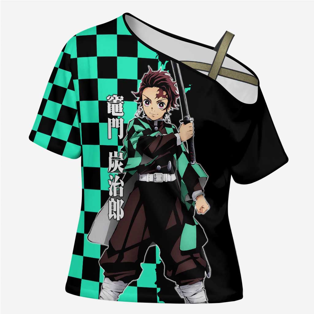 Tanjiro Kamado from Demon Slayer Cross Shoulder Shirt with Green Black Checkered Pattern and Water Breathing Sword Pose Design - The Mazicc